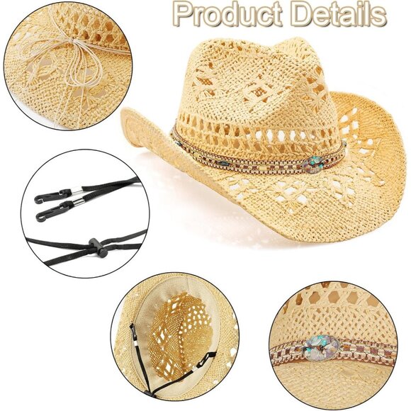 Women's Straw Wide with Shapeable Brim Cowboy Hat White/Beige + Chains Hat - Picture 3 of 6